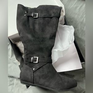 Brand new- Wide calf black suede boots with buckle